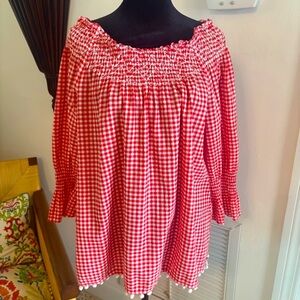 Rafaella Red & White Cotton Checkered Wide Shoulder 3/4 Sleeve Top! New! Large